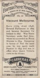 1928 Carreras British Prime Ministers #22 Viscount Melbourne Back