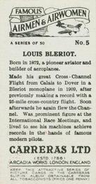 1936 Carreras Famous Airmen & Airwomen #5 Louis Bleriot Back