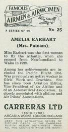 1936 Carreras Famous Airmen & Airwomen #25 Amelia Earhart (Mrs. Putnam) Back