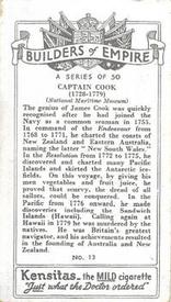 1937 Kensitas Builders of Empire #13 Captain Cook Back