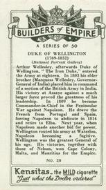 1937 Kensitas Builders of Empire #29 Duke of Wellington Back