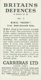 1938 Carreras Britain's Defences #2 HMS Hood (4 in Anti-aircraft gun) Back