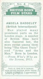 1934 Ardath Tobacco Company - British Born Film Stars #4 Angela Baddeley Back