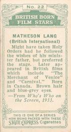 1934 Ardath Tobacco Company - British Born Film Stars #22 Matheson Lang Back