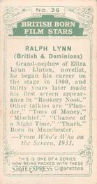 1934 Ardath Tobacco Company - British Born Film Stars #36 Ralph Lynn Back