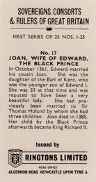 1961 Ringtons Limited Sovereigns, Consorts, & Rulers of Great Britain #17 Joan, Wife of Edward, the Black Prince Back