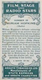 1935 Ardath Film, Stage and Radio Stars (Small) #26 Miriam Hopkins Back