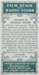 1935 Ardath Film, Stage and Radio Stars (Small) #48 Anona Winn Back