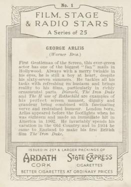 1935 Ardath Film, Stage and Radio Stars (Large) #1 George Arliss Back