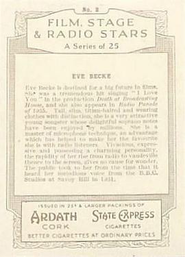 1935 Ardath Film, Stage and Radio Stars (Large) #2 Eve Becke Back