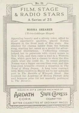 1935 Ardath Film, Stage and Radio Stars (Large) #21 Norma Shearer Back