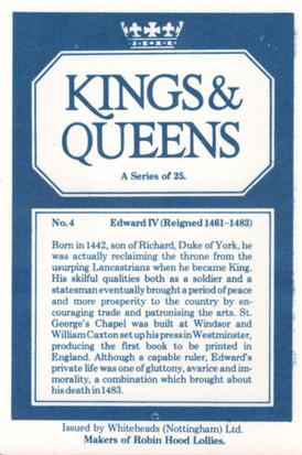 1980 Whiteheads Kings & Queens #4 Edward IV Back