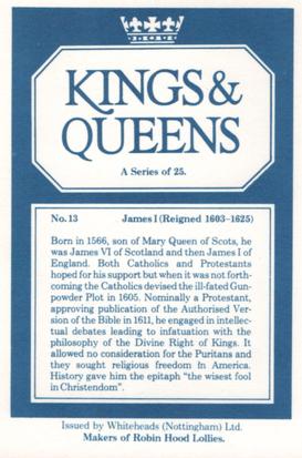 1980 Whiteheads Kings & Queens #13 James I Back