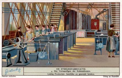 1934 Liebig De Stekjesfabricatie (Match Making) (Dutch Text) (F1293, S1293) #4 Het Vervaardigen der Stekjesdoosjes Front