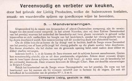 1934 Liebig De Aesthetiek bij de Natuurvolken (Head Adornment in Primitive People) (Dutch Text) (F1291, S1292) #5 Mondversieringen Back
