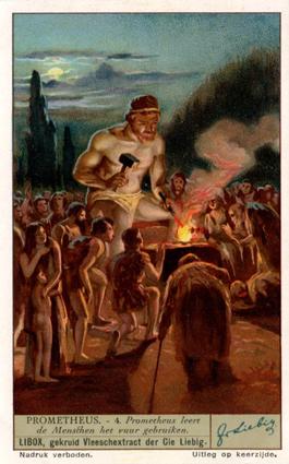 1934 Liebig Legend of Prometheus (Dutch Text)  (F1300, S1299) #4 Prometheus leert de Menschen het vuur gebruiken Front
