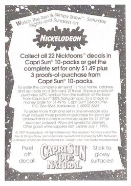 1992 Capri Sun Nicktoons Decals #1 Ren Hoek / Stimpy Back