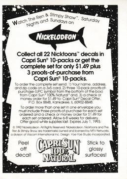 1992 Capri Sun Nicktoons Decals #4 Nurse Stimpy Back