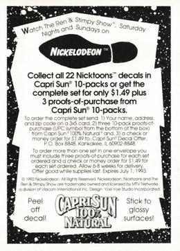 1992 Capri Sun Nicktoons Decals #7 Ren Hoek Back