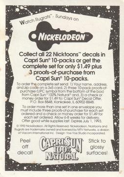 1992 Capri Sun Nicktoons Decals #17 Phil DeVille Back