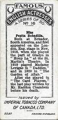 1923 Imperial Tobacco Famous English Actresses #16 Pepita Bobadilla Back