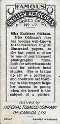1923 Imperial Tobacco Famous English Actresses #17 Kathleen Oldham Back