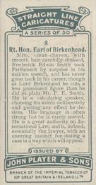 1926 Player's Straight Line Caricatures #8 Earl of Birkenhead Back