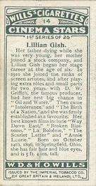 1928 Wills's Cinema Stars (1st Series) #14 Lillian Gish Back