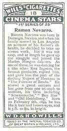 1928 Wills's Cinema Stars (1st Series) #18 Ramon Novarro Back