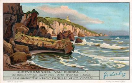 1936 Liebig Kustvormingen van Europa (The Coast of Europe) (Dutch Text) (F1330, S1316) #1 De kalkachtige Kust van Porto d'Anzio (Italie) Front