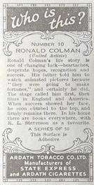 1936 Ardath Who Is This? #10 Ronald Colman Back