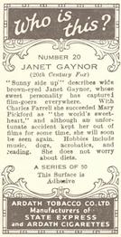 1936 Ardath Who Is This? #20 Janet Gaynor Back