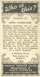 1936 Ardath Who Is This? #21 Ann Harding Back