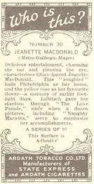 1936 Ardath Who Is This? #30 Jeanette MacDonald Back