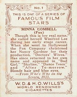 1933 Wills's Famous Film Stars (Medium Size) #1 Minna Gombell Back