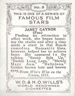 1933 Wills's Famous Film Stars (Medium Size) #3 Janet Gaynor Back