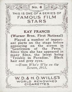 1933 Wills's Famous Film Stars (Medium Size) #6 Kay Francis Back