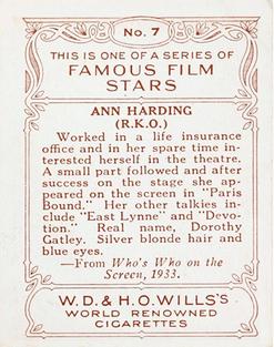 1933 Wills's Famous Film Stars (Medium Size) #7 Ann Harding Back
