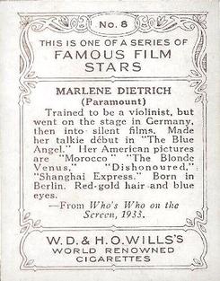 1933 Wills's Famous Film Stars (Medium Size) #8 Marlene Dietrich Back