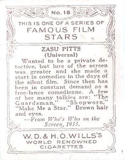1933 Wills's Famous Film Stars (Medium Size) #18 Zasu Pitts Back