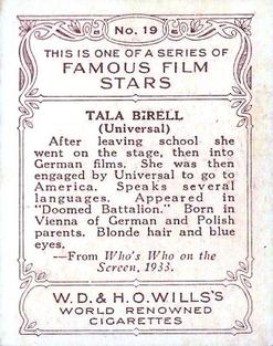 1933 Wills's Famous Film Stars (Medium Size) #19 Tala Birell Back