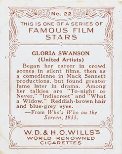 1933 Wills's Famous Film Stars (Medium Size) #22 Gloria Swanson Back