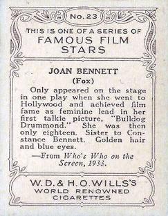 1933 Wills's Famous Film Stars (Medium Size) #23 Joan Bennett Back