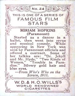 1933 Wills's Famous Film Stars (Medium Size) #24 Miriam Hopkins Back