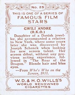 1933 Wills's Famous Film Stars (Medium Size) #25 Gwili Andre Back