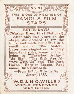 1933 Wills's Famous Film Stars (Medium Size) #51 Bette Davis Back