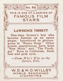 1933 Wills's Famous Film Stars (Medium Size) #52 Lawrence Tibbett Back