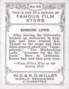 1933 Wills's Famous Film Stars (Medium Size) #53 Edmund Lowe Back