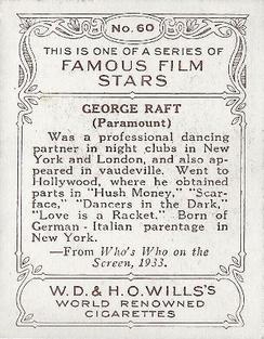 1933 Wills's Famous Film Stars (Medium Size) #60 George Raft Back