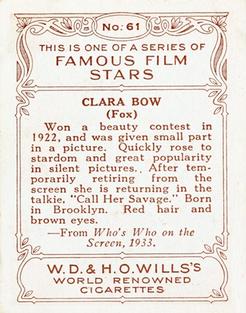 1933 Wills's Famous Film Stars (Medium Size) #61 Clara Bow Back
